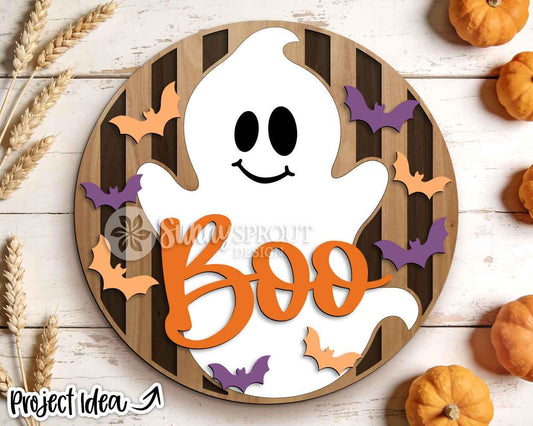 Boo Ghost Bats Stripe Pattern Sign, Digital Download, SVG Laser Cut File, Cricut, Round Halloween Welcome Door Hanger Design