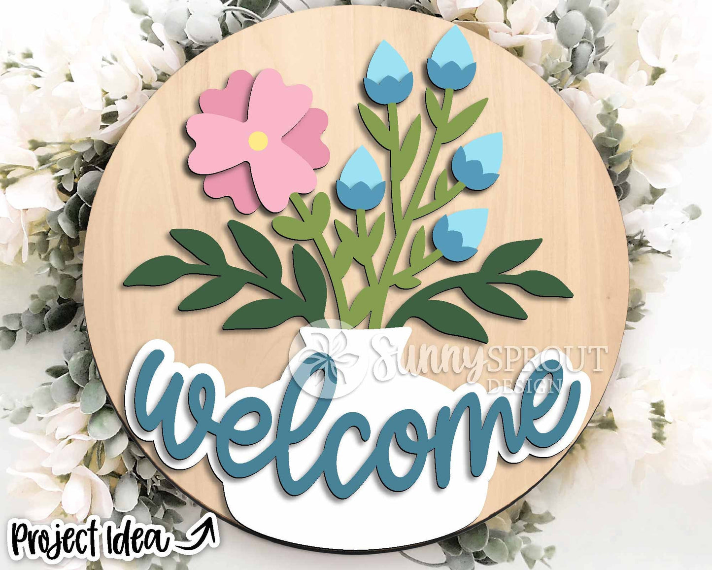 Welcome Flower Vase Sign, Digital download, SVG Laser cut file, Cricut, Round door hanger design, Spring summer decor