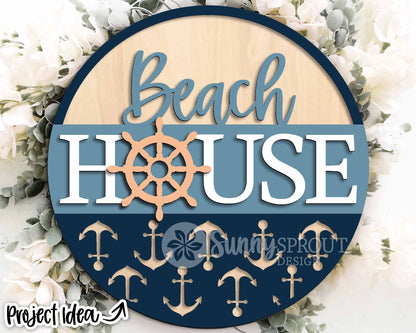 Beach House Nautical Anchor Sign, Digital download, SVG Laser cut file, Cricut, Round door hanger design, Ocean coastal decor
