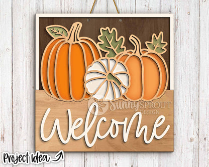 Welcome Fall Pumpkin Outline Sign, Digital Download, SVG Laser Cut File, Cricut, Square Fall Door Hanger Design