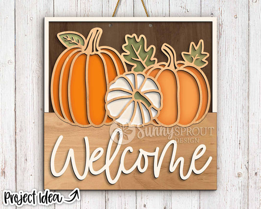 Welcome Fall Pumpkin Outline Sign, Digital Download, SVG Laser Cut File, Cricut, Square Fall Door Hanger Design