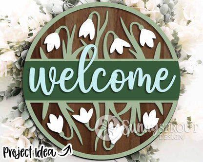 Welcome Snowdrop Flower Sign, Digital download, SVG laser cut file, Cricut, Round door hanger design, Spring Easter decor