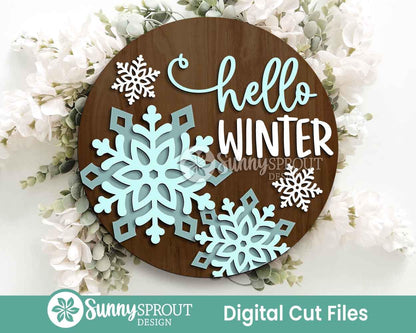 Winter Laser Sign Bundle 3, Round door hanger SVG, Glowforge laser file, Snowflake cut file, Christmas holiday decor svg