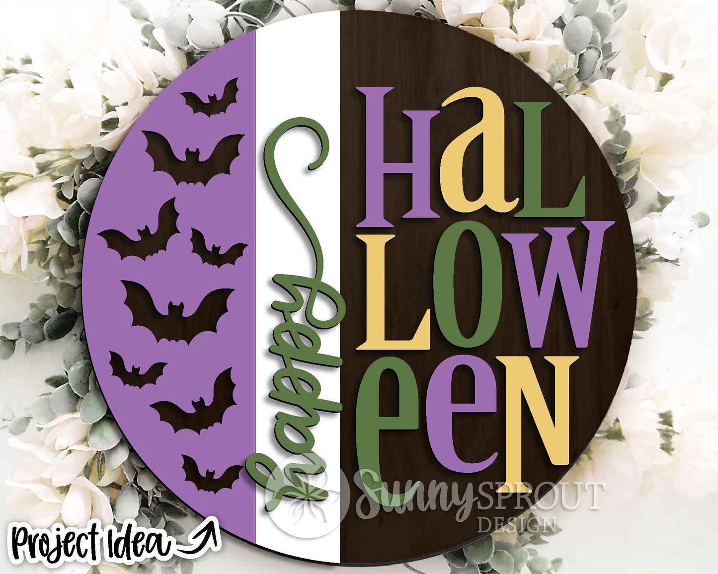 Happy Halloween Vertical Bat Pattern Sign, Digital Download, SVG Laser Cut File, Cricut, Round Fall Door Hanger Design