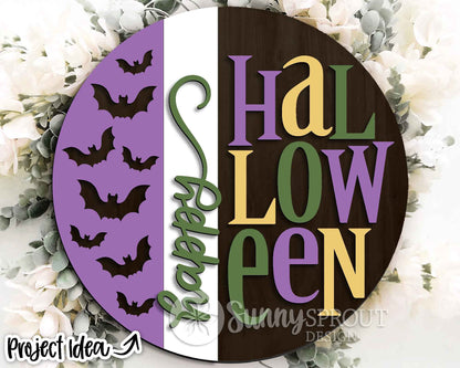 Happy Halloween Vertical Bat Pattern Sign, Digital Download, SVG Laser Cut File, Cricut, Round Fall Door Hanger Design