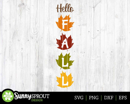 Hello Fall Leaves Vertical Sign, Digital download, SVG laser cut file, Cricut, Vertical porch leaner design, Farmhouse design