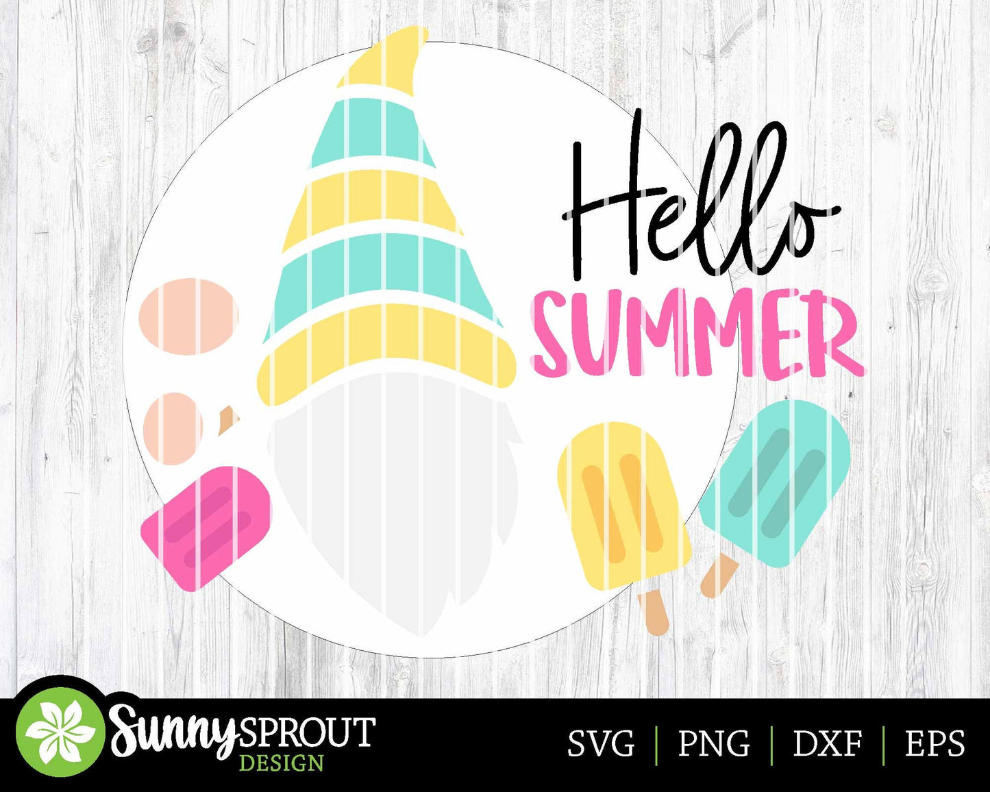 Hello Summer Gnome Popsicle Sign, Digital Download, SVG Laser Cut File, Cricut, Round Door Hanger Design