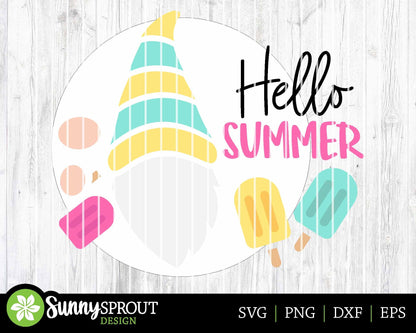 Hello Summer Gnome Popsicle Sign, Digital Download, SVG Laser Cut File, Cricut, Round Door Hanger Design