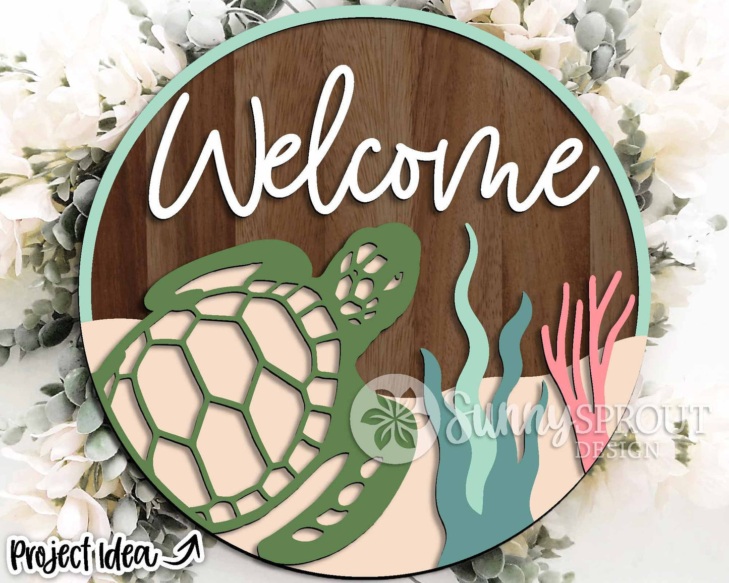 Welcome Sea Turtle Sign, Digital download, SVG Laser cut file, Cricut, Round door hanger design, Ocean coastal beach decor