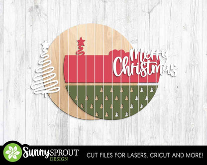 Merry Christmas Hand Drawn Tree Sign, Digital Download, SVG Laser Cut File, Cricut, Round Door Hanger Design