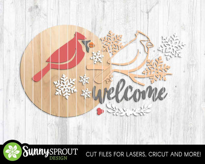 Welcome Cardinal Branch and Snowflakes Sign, Round door hanger, Glowforge laser file, Christmas holiday decor, Winter sign