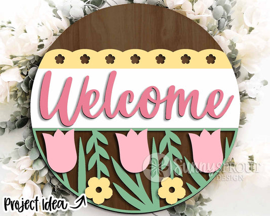 Welcome Tulip Flower Sign, Digital download, SVG Laser cut file, Cricut, Round door hanger design, Spring Easter decor