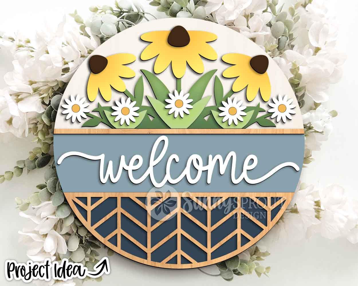 Welcome Geometric Floral Sign, Digital Download, SVG Laser Cut File, Cricut, Spring Summer Fall Round Door Hanger Design