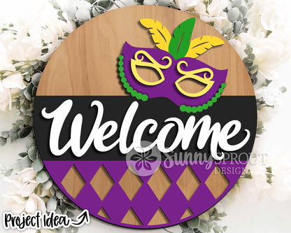 Mardi Gras Mask Welcome Sign, Digital download, SVG laser cut file, Cricut, Round door hanger design, Fat Tuesday decor