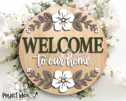 Welcome Flower Pattern Sign, Digital Download, SVG Laser Cut File, Cricut, Floral Farmhouse Round Door Hanger Design