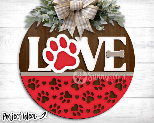 Love Paw Print Heart Bone Sign, Digital Download, SVG Laser Cut File, Cricut, Round Door Hanger Design, Valentine's Day Cat Decor