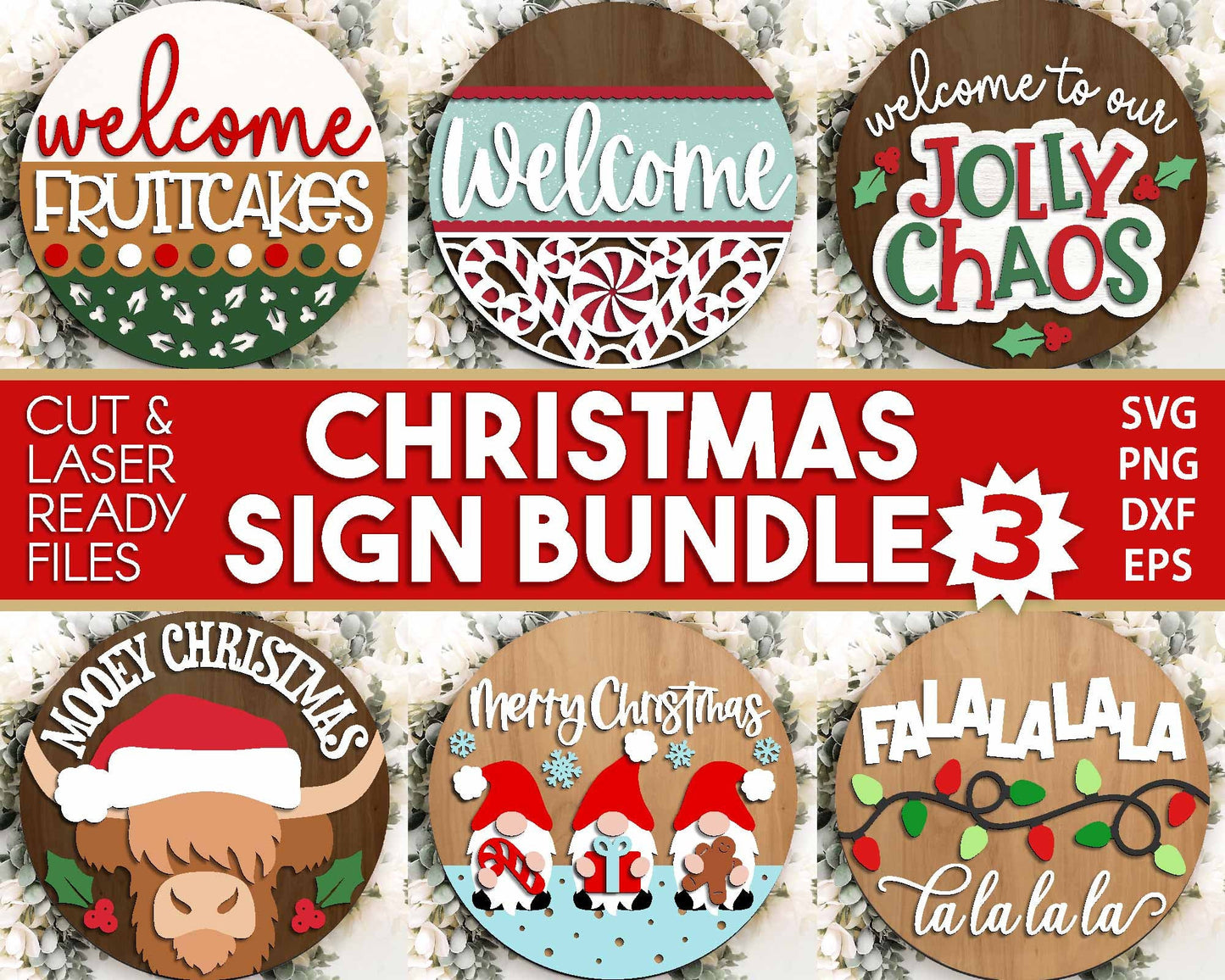 Christmas Laser Sign Bundle 3, Round door hanger, Glowforge laser file, Cricut cut file, Holiday welcome svg, Winter sign