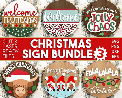 Christmas Laser Sign Bundle 3, Round door hanger, Glowforge laser file, Cricut cut file, Holiday welcome svg, Winter sign