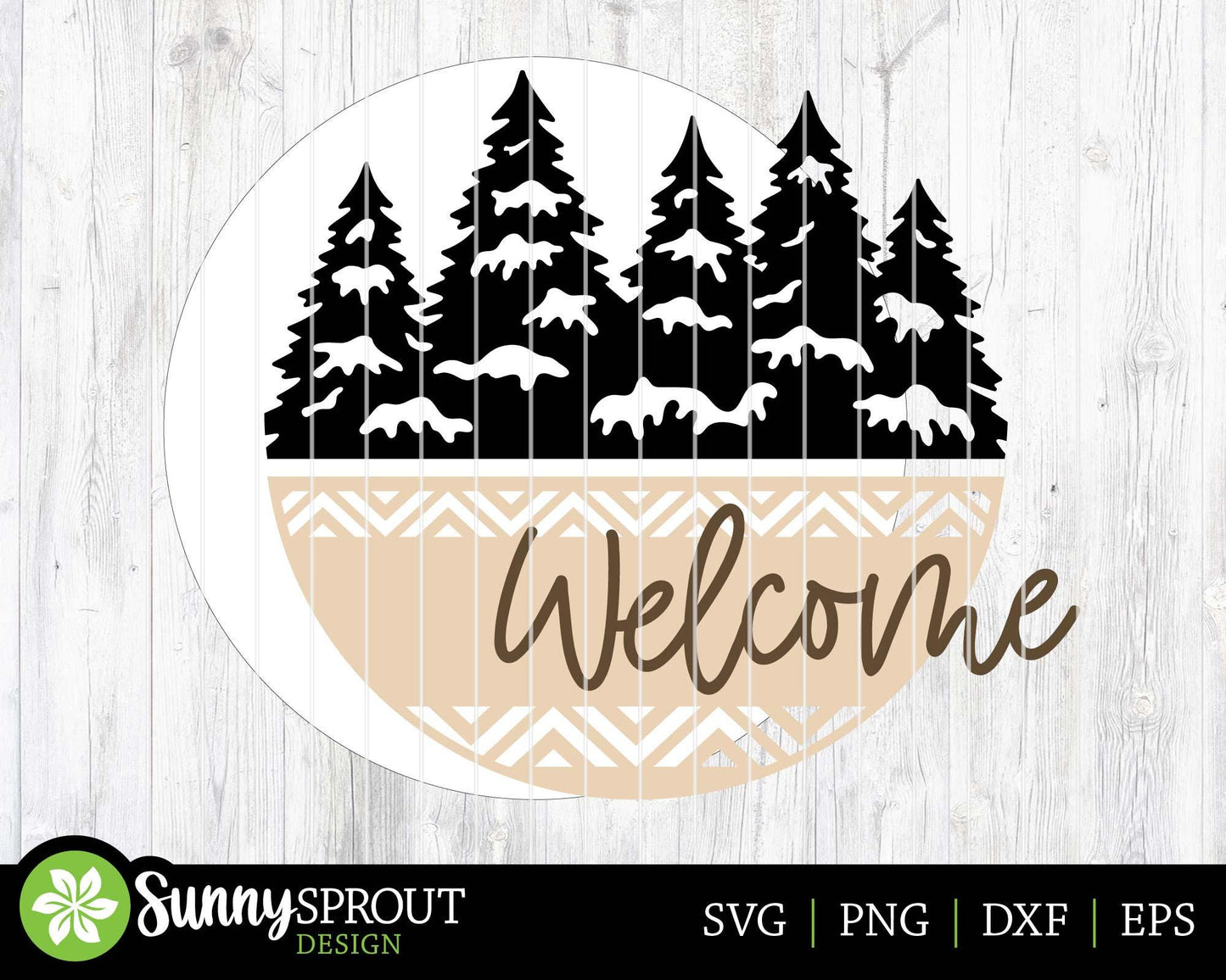 Welcome Snowy Pine Trees Sign, Round door hanger svg, Glowforge laser cut file, Cricut, Winter, Christmas holiday decor