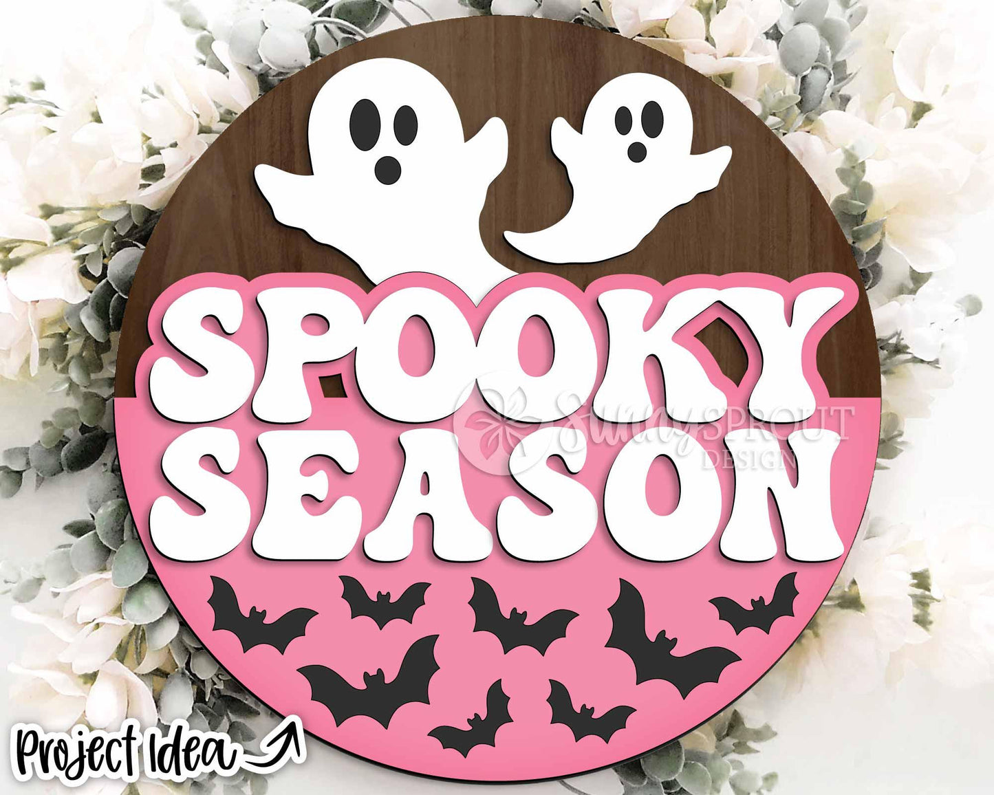 Spooky Season Retro Bats Ghosts Sign, Digital Download, SVG Laser Cut File, Cricut, Round Halloween Door Hanger Design