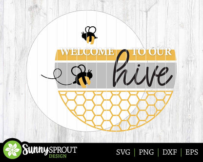 Welcome To Our Hive Honeycomb Bee Sign, Digital Download, SVG Laser Cut File, Summer Round Door Hanger Design