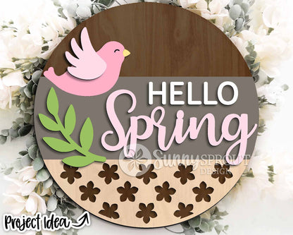 Hello Spring Bird Branch Sign, Digital download, SVG laser cut file, Cricut, Round door hanger design