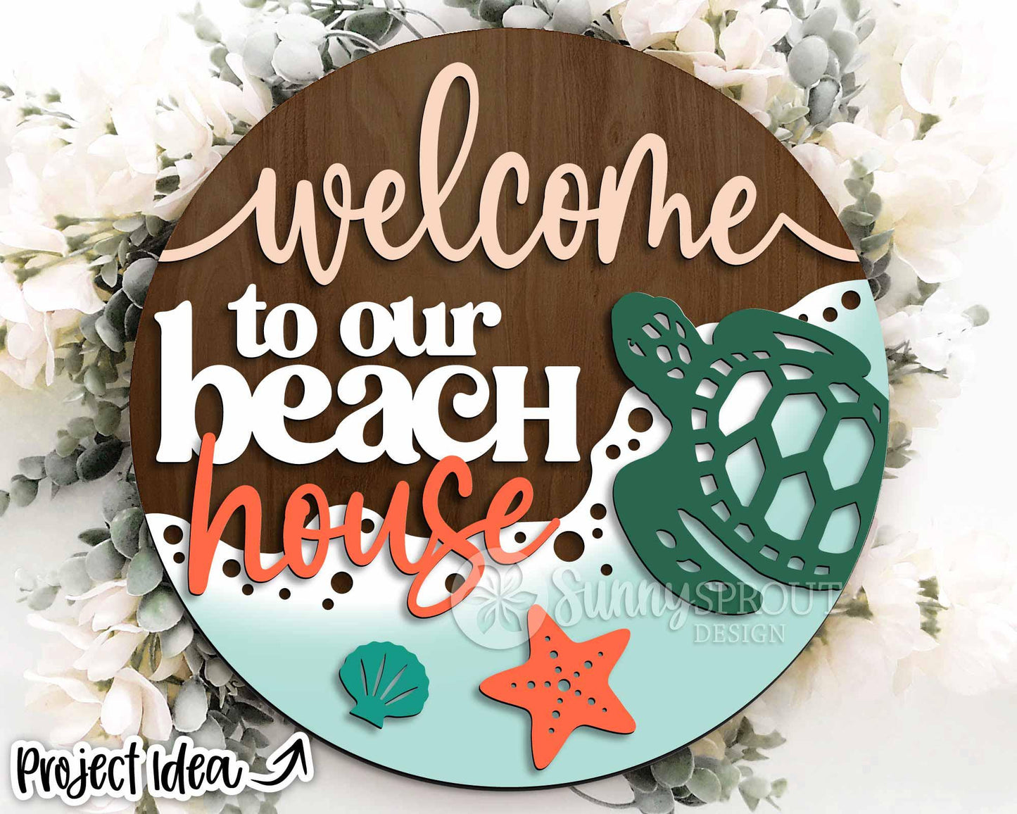 Welcome to Our Beach House Sign, Digital download, SVG Laser cut file, Cricut, Round door hanger wall art design, Ocean coastal decor