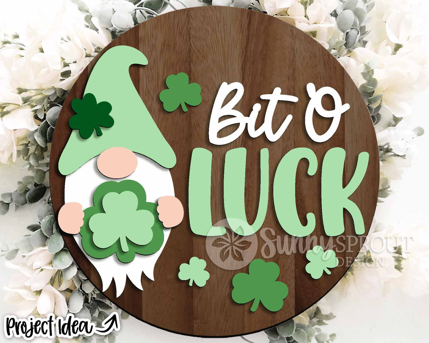 Bit 'O Luck Gnome Clover Sign, Digital Download, SVG Laser Cut File, Cricut, Round Door Hanger Design, St. Patrick's Day Decor