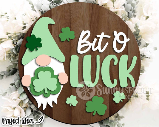 Bit 'O Luck Gnome Clover Sign, Digital Download, SVG Laser Cut File, Cricut, Round Door Hanger Design, St. Patrick's Day Decor