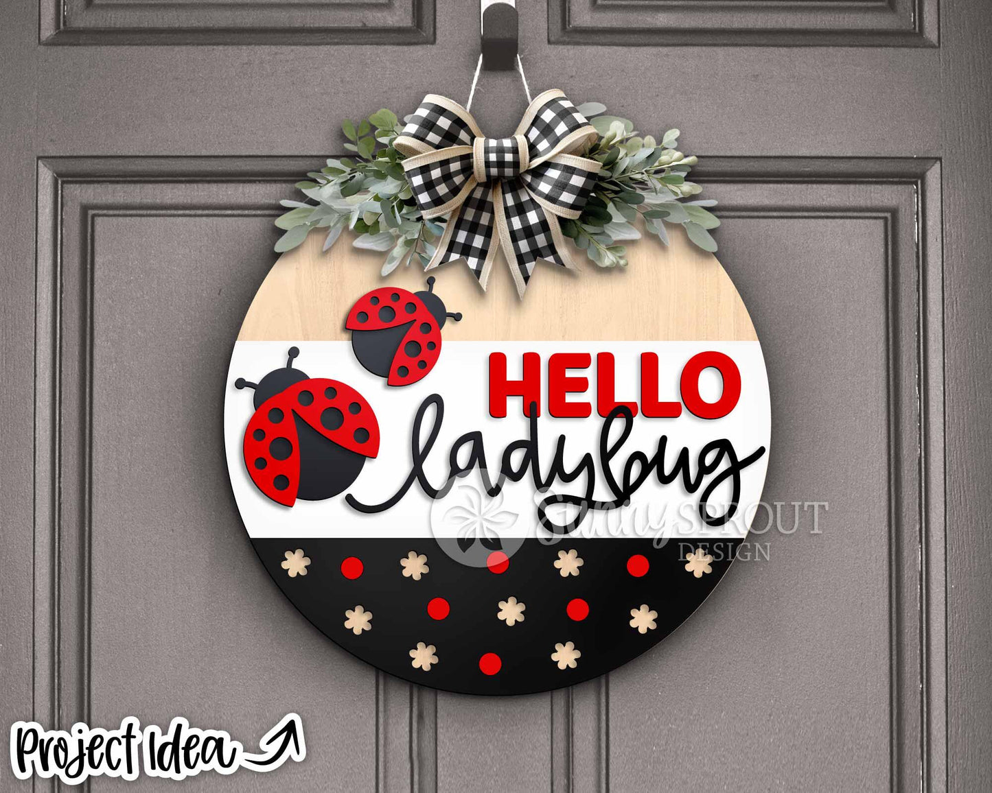 Hello Ladybug Sign, Digital Download, SVG Laser Cut File, Summer Round Door Hanger Design