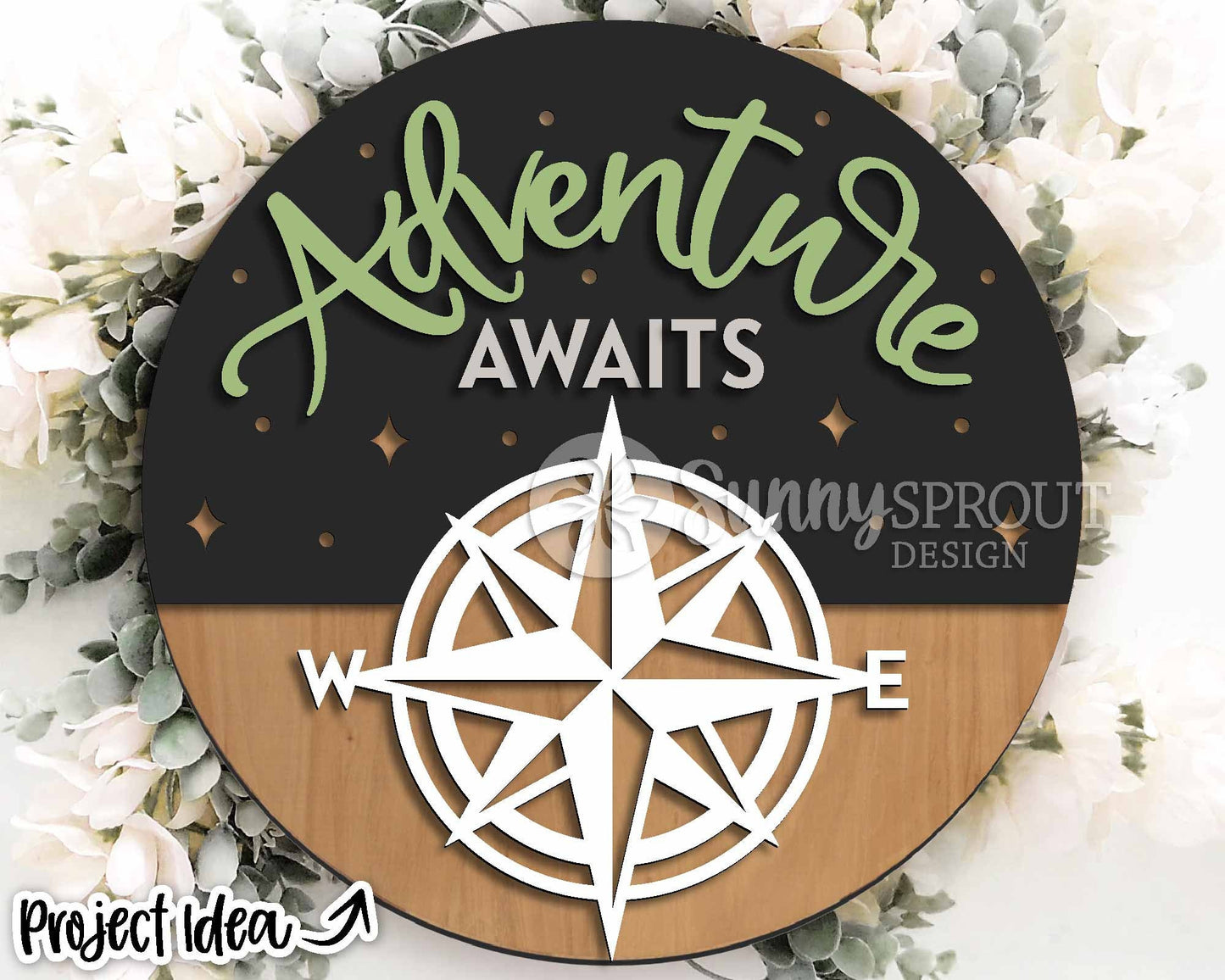 Adventure Awaits Compass Sign, Digital download, SVG Laser cut file, Cricut, Round door hanger design, Camping cabin outdoor decor