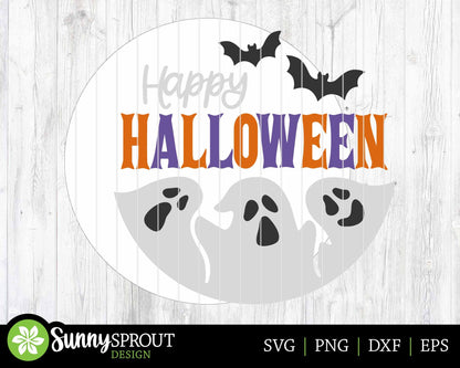 Happy Halloween Ghosts Bats Sign, Digital Download, SVG Laser Cut File, Cricut, Round Welcome Door Hanger Design