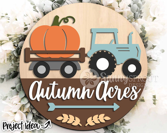 Autumn Acres Tractor Pumpkin Sign, Digital Download, SVG Laser Cut File, Cricut, Round Fall Door Hanger Design, Farmhouse Decor