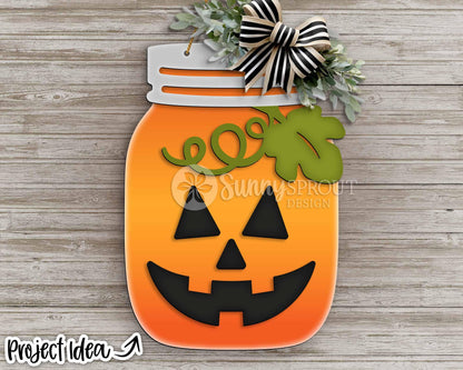Halloween Jack-O-Lantern Mason Jar Sign, Digital Download, SVG Laser Cut File, Cricut, Fall Pumpkin Door Hanger Design