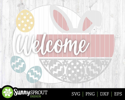 Welcome Bunny Ears Egg Pattern Sign, Digital download, SVG Laser cut file, Cricut, Round door hanger design, Easter decor