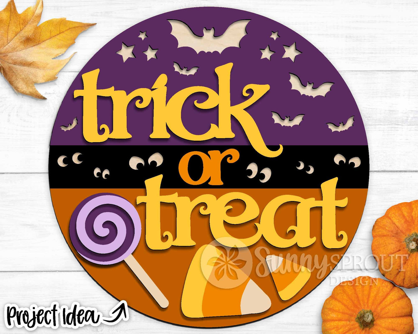 Trick Or Treat Candy Bats Sign, Digital Download, SVG Laser Cut File, Cricut, Round Halloween Door Hanger Design