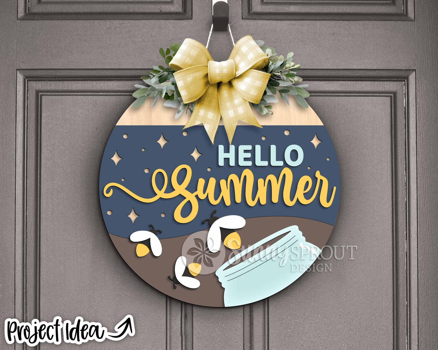 Hello Summer Fireflies and Jar Sign, Digital Download, SVG Laser Cut File, Cricut, Round Door Hanger Design