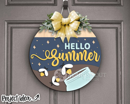 Hello Summer Fireflies and Jar Sign, Digital Download, SVG Laser Cut File, Cricut, Round Door Hanger Design
