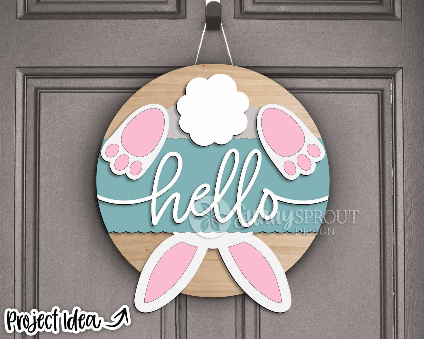 Hello Upside Down Bunny Sign, Digital download, SVG Laser cut file, Cricut, Round door hanger design, Spring Easter decor