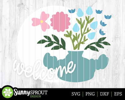Welcome Flower Vase Sign, Digital download, SVG Laser cut file, Cricut, Round door hanger design, Spring summer decor