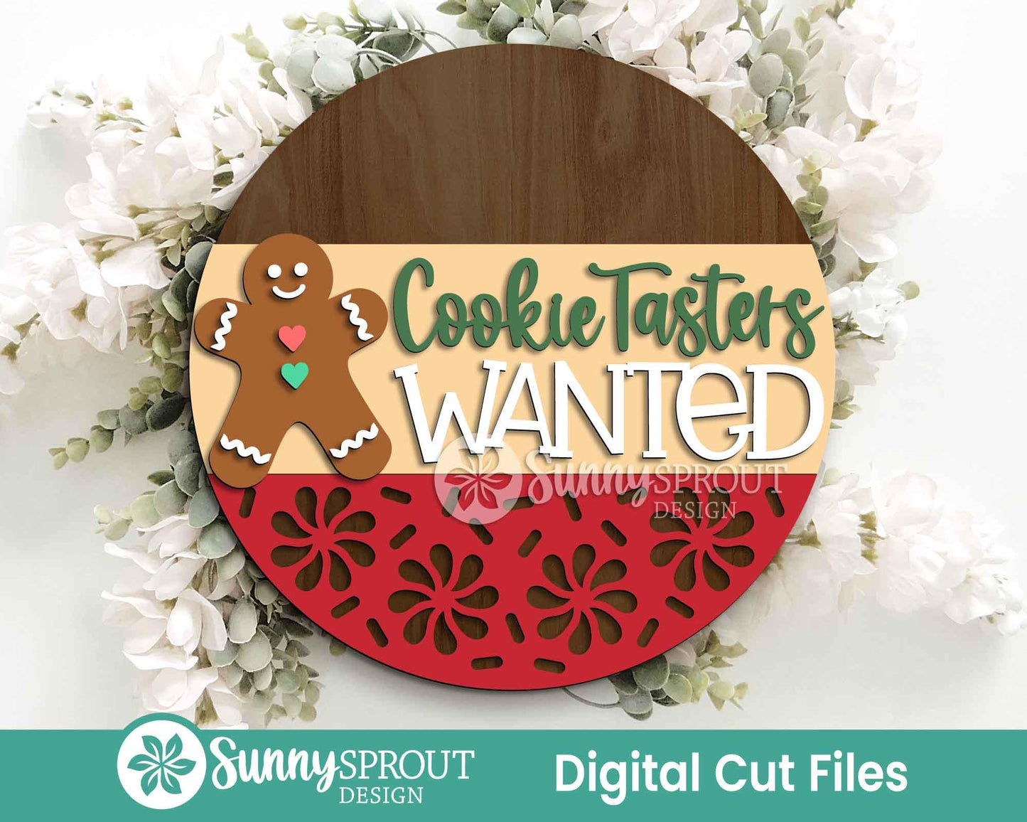 Cookie Tasters Wanted Gingerbread Sign, Digital Download, SVG Laser Cut File, Cricut, Round Door Hanger Design, Christmas Baking Decor