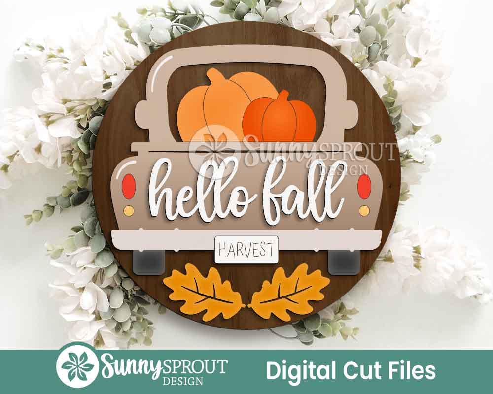 Hello Fall Pumpkin Truck Leaf Sign, Digital Download, SVG Laser Cut File, Cricut, Farmhouse Door Hanger Design