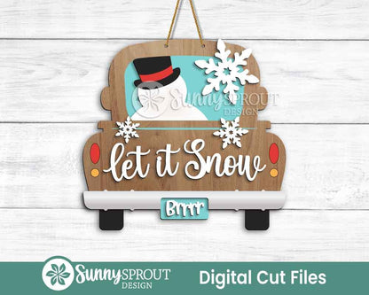 Let It Snow Truck Snowman Sign, Door hanger SVG, Glowforge laser file, Vintage old truck SVG, Winter welcome sign SVG