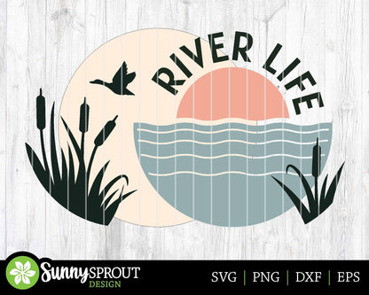River Life Cattails Sign, Digital download, SVG Laser cut file, Cricut, Round door hanger design, Camping cabin outdoor decor