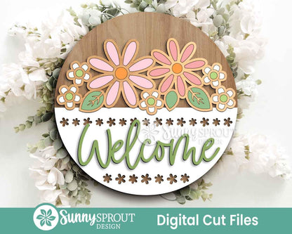 Welcome Floral Outline Sign, Digital download, SVG Laser cut file, Cricut, Round door hanger design, Spring summer decor