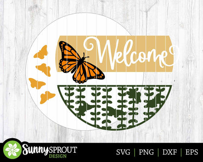 Welcome Monarch Butterfly Sign, Digital Download, SVG Laser Cut File, Cricut, Summer Fall Round Door Hanger Design