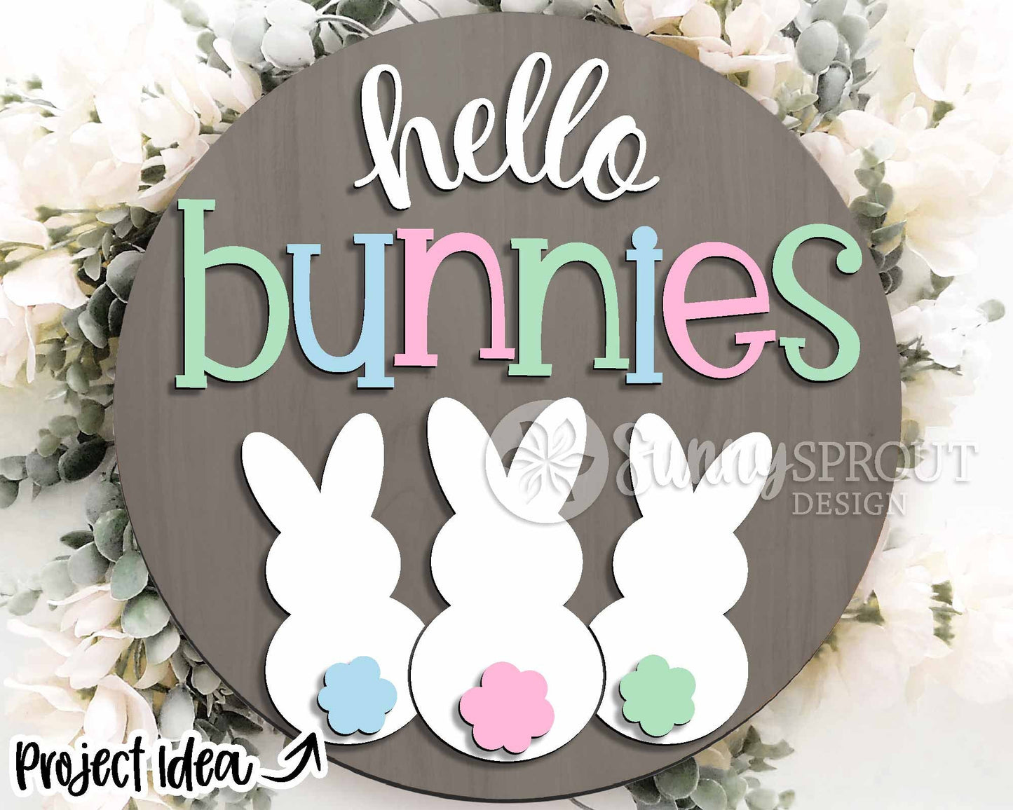 Hello Bunnies Tail Sign, Digital download, SVG laser cut file, Cricut, Round door hanger design, Spring Easter decor