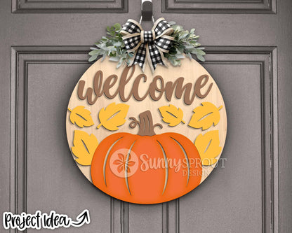 Welcome Pumpkin & Leaves Sign, Digital Download, SVG Laser Cut File, Cricut, Round Fall Door Hanger Design