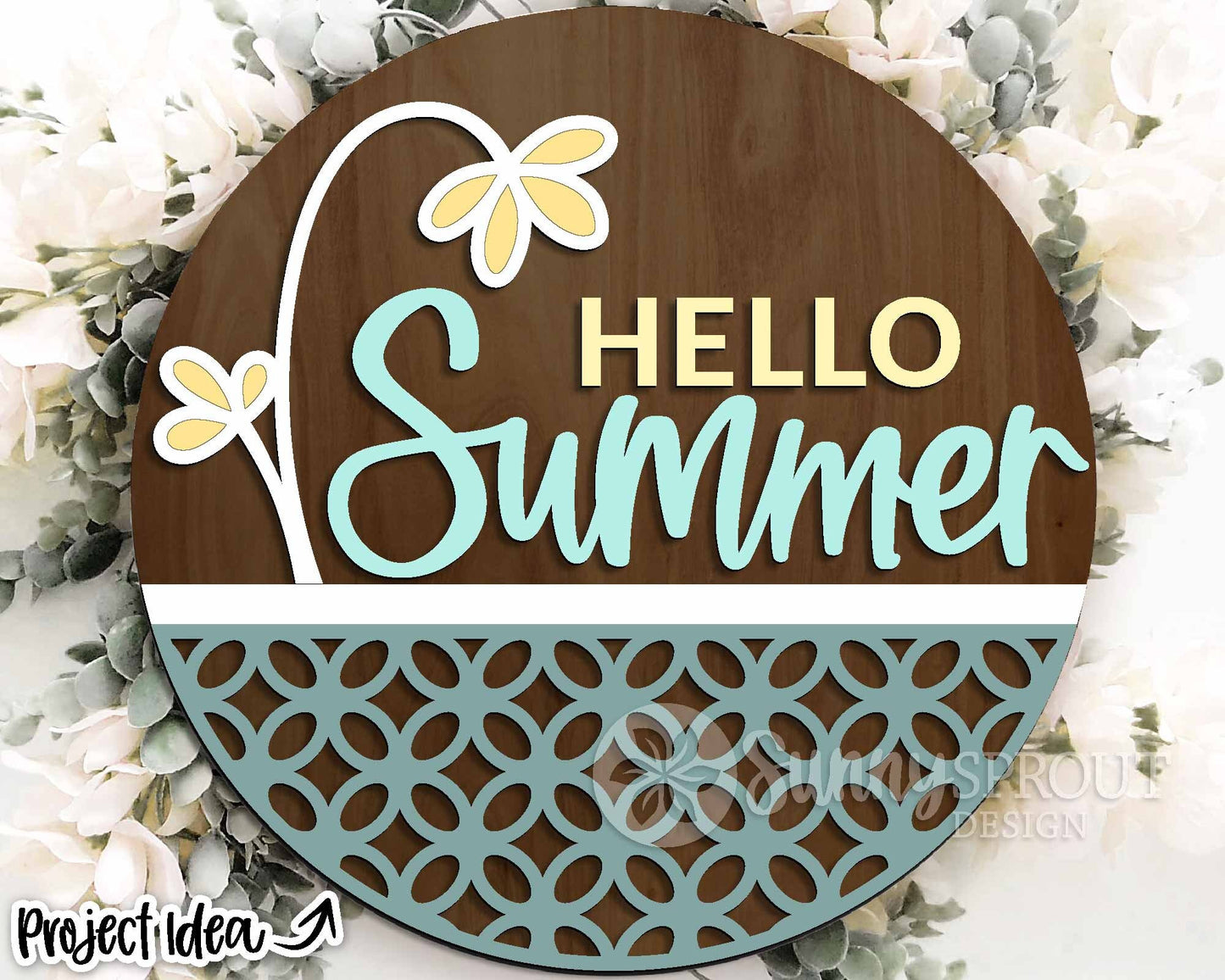 Hello Summer Flower Pattern Sign, Digital Download, SVG Laser Cut File, Cricut, Round Door Hanger Design