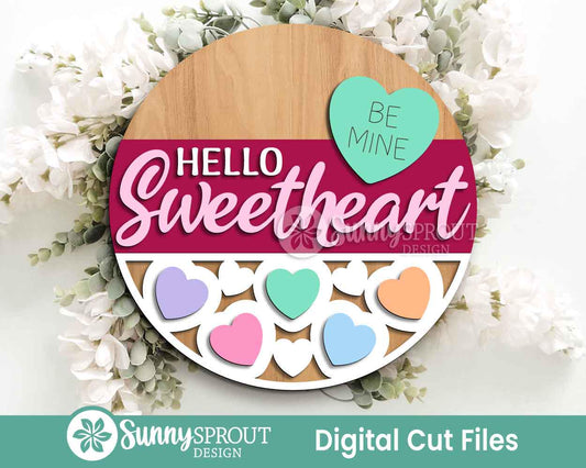 Hello Sweetheart Conversation Hearts Sign, Digital Download, SVG Laser Cut File, Cricut, Round Door Hanger Design, Valentine's Day Decor